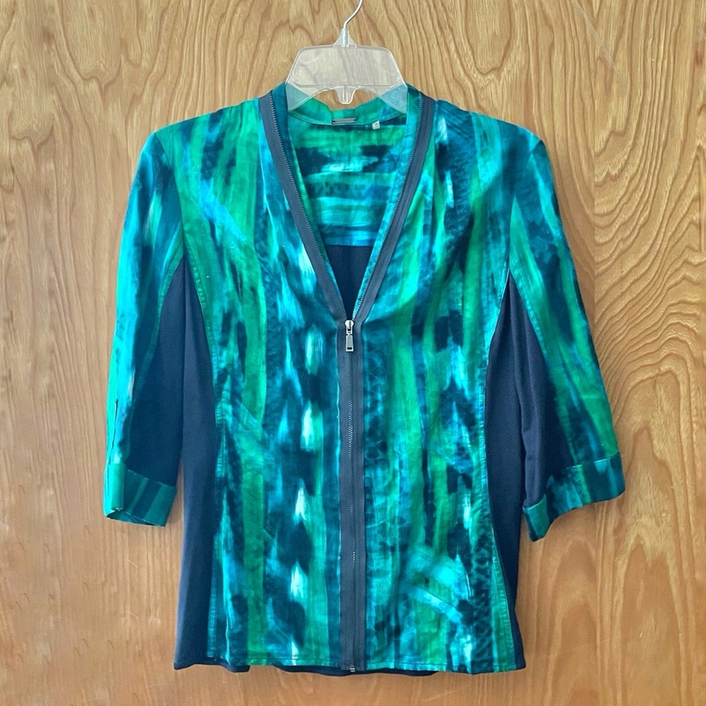 Elie Tahari zip blouse, blue and green watercolor, silk-cotton blend, size small